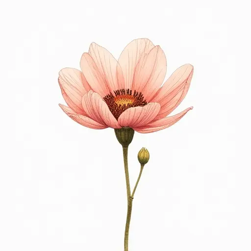 A flower with delicate petals, drawn with thin, intricate lines and soft watercolor shading.