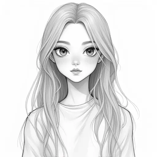 A girl with long hair and fair skin, sketched in delicate lines with soft pencil shading.