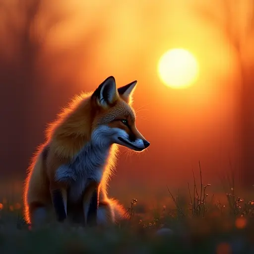 A fox basking in the warm glow of twilight, its fur catching the colors of the setting sun.