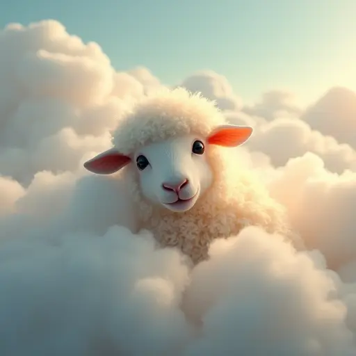 A sheep floating among soft clouds, with glowing wool and a gentle, serene expression.