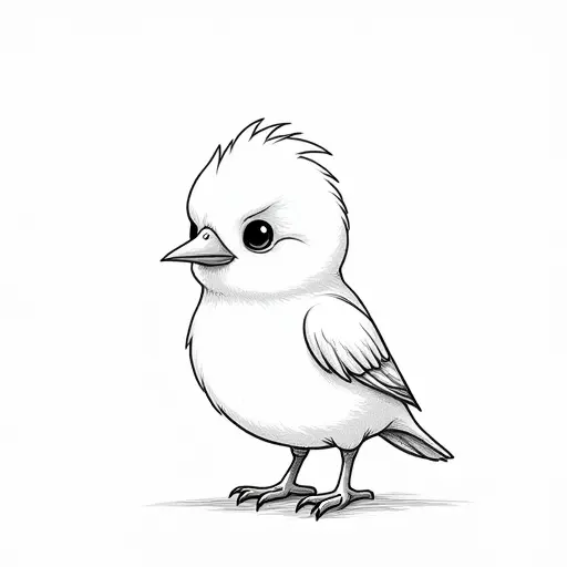 black and white simple line drawing of a baby bird from the front view