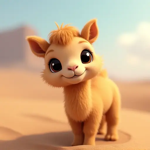 Cute camel with soft fur, big eyes, and a calm expression, standing in the desert.