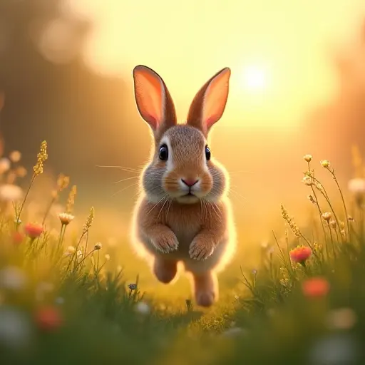 A rabbit hopping through a meadow, with the warm rays of the sun shining down, and the grass and wildflowers swaying gently in the breeze, creating a serene and peaceful scene.