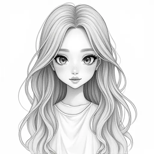 A girl with wavy hair and a gentle expression, sketched with flowing pencil strokes and light shading.