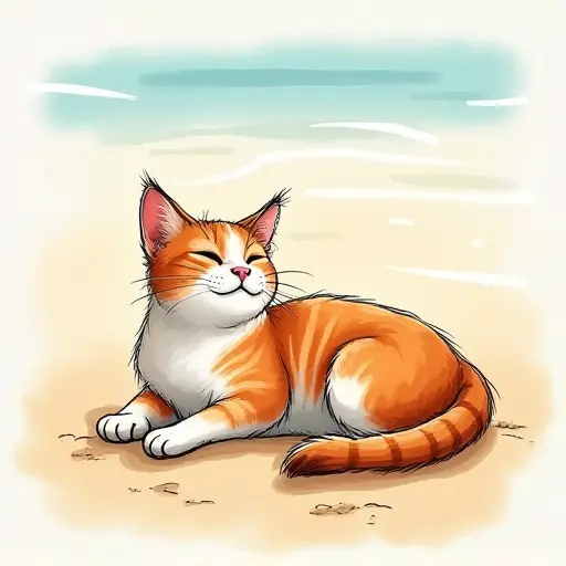 A cat relaxing on the beach, sketched in light, carefree lines with soft, warm colors.