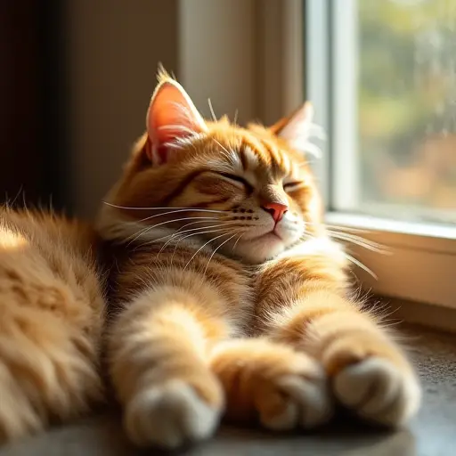 Cat basking in the sunlight, with a relaxed pose and closed eyes.