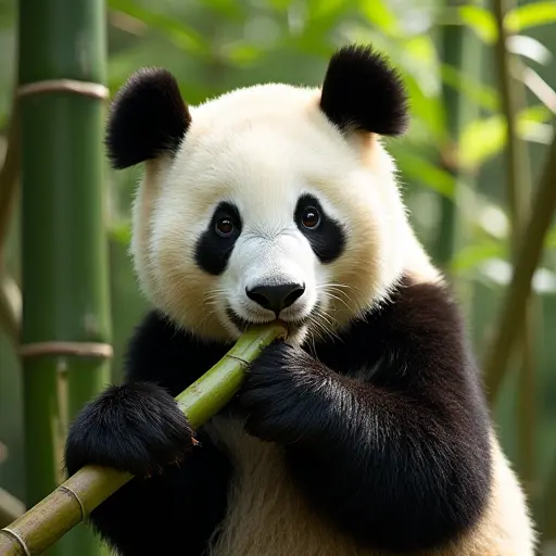 A panda nibbling on a fresh green bamboo shoot, surrounded by dense bamboo stalks with sunlight streaming through the leaves.