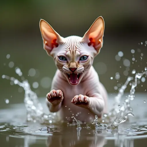 hd photo of A sphynx cat playfully splashing water with its paws, showing a mischievous expression.