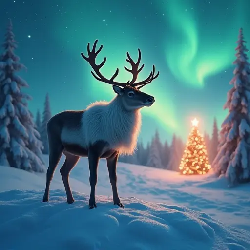 A majestic reindeer standing on a snowy hill, with the northern lights shimmering in the sky and a Christmas tree glowing in the distance, creating a peaceful winter scene.