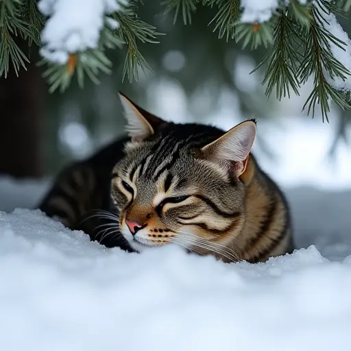 A cat curled up under a snow-covered cedar tree, its fur blending into the soft white snow.