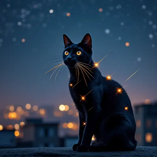 A black cat with glowing streaks resembling shooting stars running through its fur, sitting on a rooftop under a meteor shower.