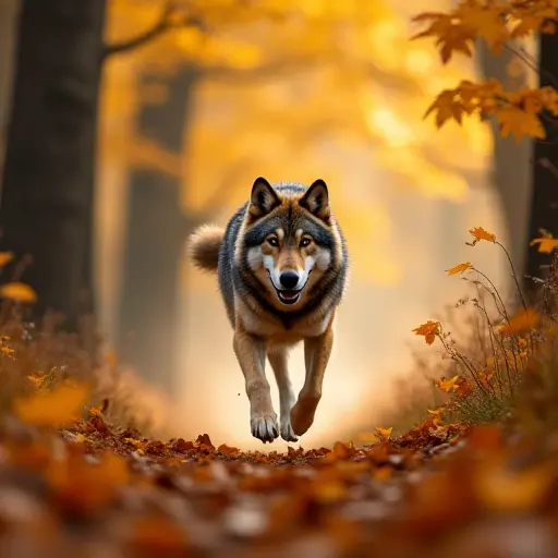 A wolf running swiftly through a forest with trees shedding their golden leaves, creating a whirlwind of autumn foliage as the wolf's fur blends with the surroundings.