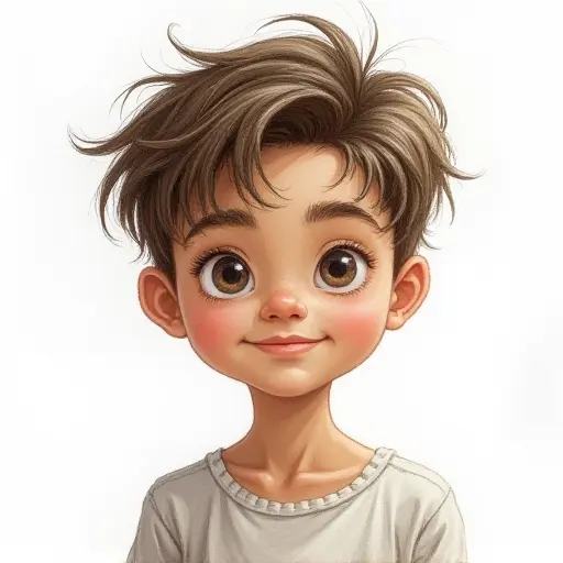 A boy with light brown skin and messy hair, sketched with soft pencil lines and minimal shading.