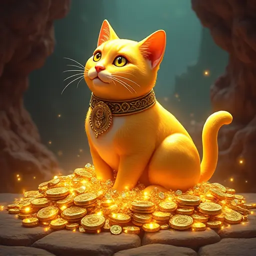 A golden cat sitting on a pile of glowing treasure, surrounded by sparkling coins and gemstones in an ancient cavern.