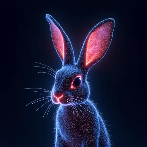 A rabbit avatar made of digital dots and glowing lines, forming a pixelated and highly futuristic look.