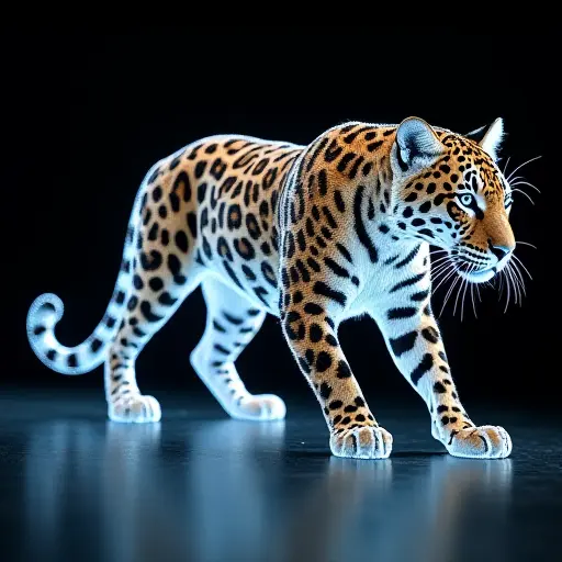 A leopard whose form is composed entirely of augmented reality (AR) projections. Its spots are represented by flickering digital patterns, and its movements are rendered in real-time within a simulated environment.