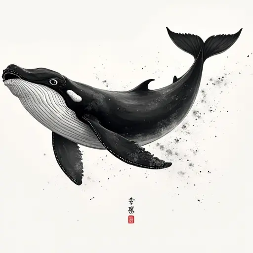 A whale painted in traditional Chinese ink style, with flowing lines and splashes of ink creating a dynamic, artistic design.