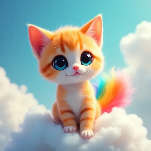 Kitten with a rainbow-colored tail and big, sparkling eyes, standing on a cloud.