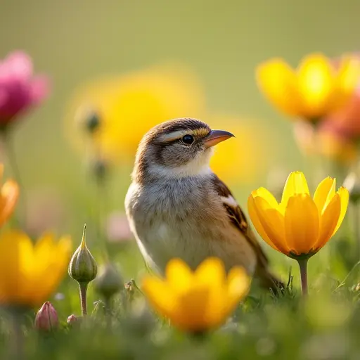 A small sparrow surrounded by blooming wildflowers in a sunny spring meadow, its feathers matching the vibrant petals.