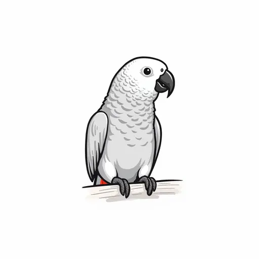 clean black and white hand-drawn outlines of a african grey parrot