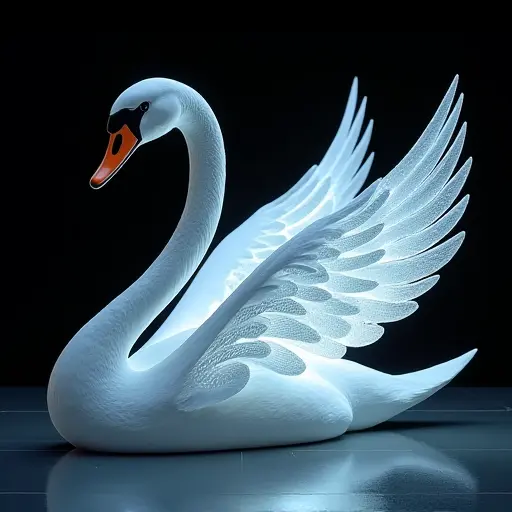 A swan whose wings are constructed from flexible OLED screens, displaying light patterns that ripple like water. Its body is streamlined and metallic, evoking a futuristic elegance while still retaining its natural form.