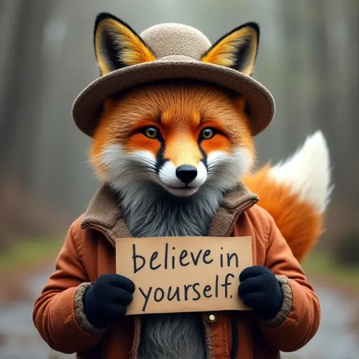 fox, hat, slogan Believe in Yourself, self-belief style