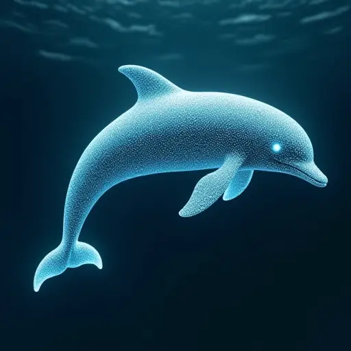 A dolphin made from nanobots, with its body shifting and adapting in real-time. The nanobots form the sleek, curved shape of the dolphin, with luminescent trails following its movements in the water.