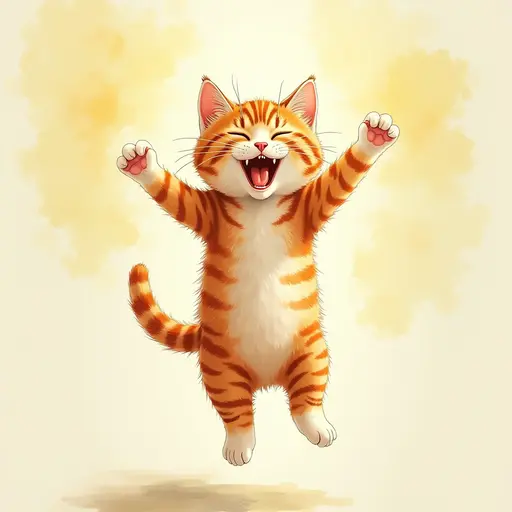 A cat jumping in the sunlight, its wet fur looking particularly joyful, Watercolor.