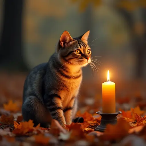 A cat sitting next to a lit candle in an autumn forest, surrounded by fallen leaves, the candlelight casting a warm glow on the cat's fur as the breeze gently blows the leaves around.