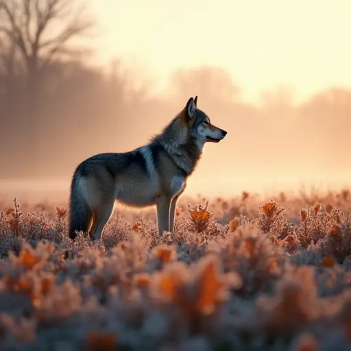 A lone wolf standing in a field of frosted autumn leaves, with the cool morning air creating visible puffs of breath, while the pale sunlight begins to break through the horizon.