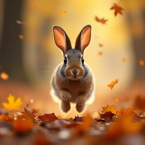 A rabbit hopping through a swirl of falling autumn leaves, its fur blending with the colors of the leaves as it moves swiftly through the forest floor.