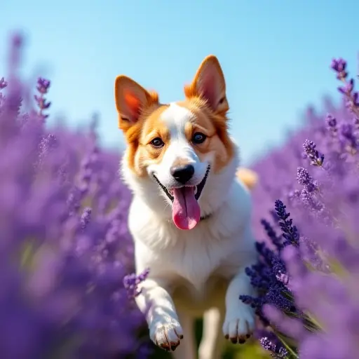 A dog running joyfully through a lavender field, surrounded by fragrant purple blooms under a clear blue sky.