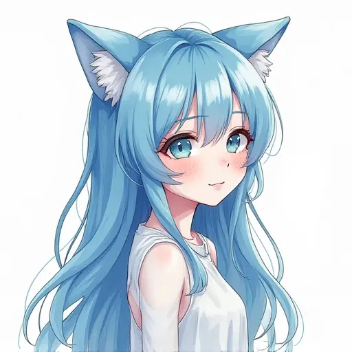 A girl with blue hair and cat ears, sketched in flowing lines with soft watercolor accents.