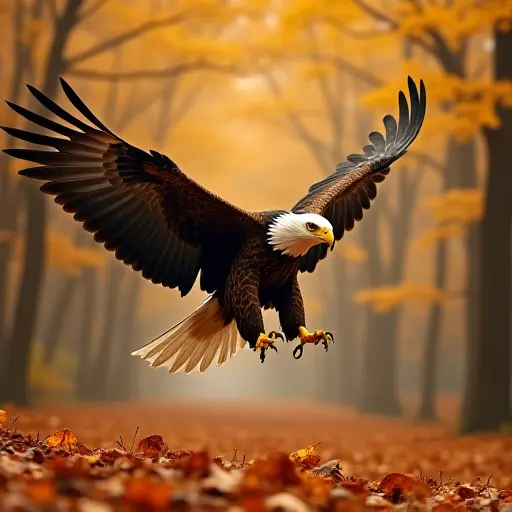 A majestic eagle soaring through an autumn forest, with its sharp eyes scanning the ground covered in bright orange and yellow leaves.