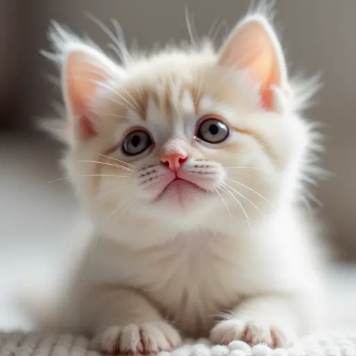 Cute kitten with a little pink nose, small paws, and soft fur, looking up with big eyes.