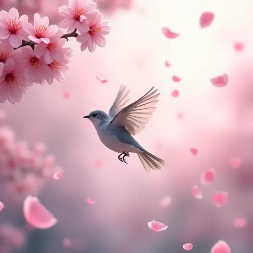 A small bird flying through a gentle rain of flower petals, surrounded by soft pink cherry blossoms and an overcast but serene spring sky.