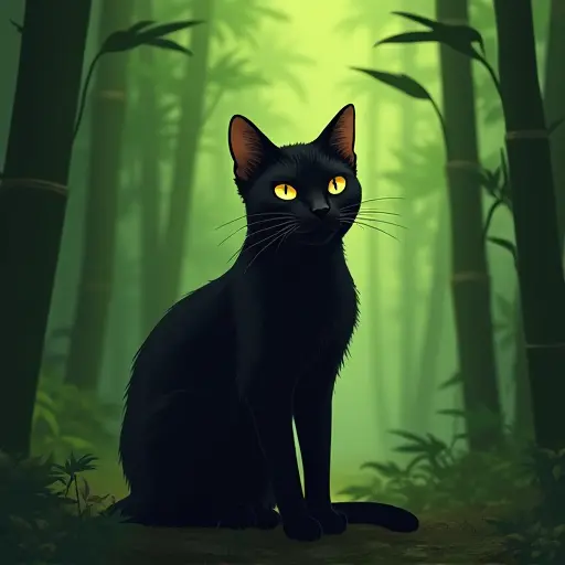 A sleek black cat sitting in a quiet bamboo forest, its eyes glowing faintly in the dappled green light.