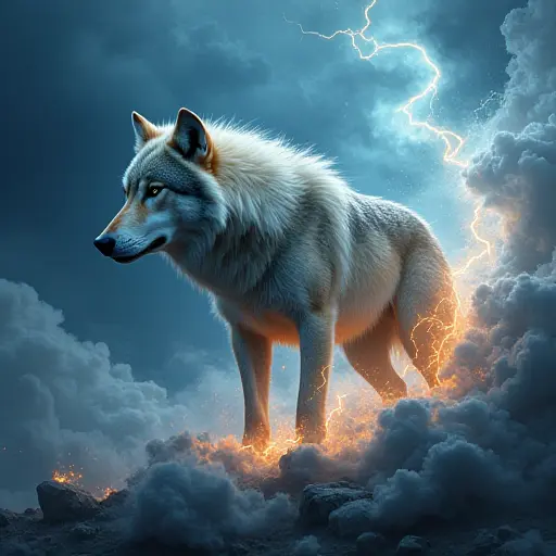 A wolf with swirling winds and storm clouds surrounding it, its fur bristling with energy and glowing with streaks of lightning.