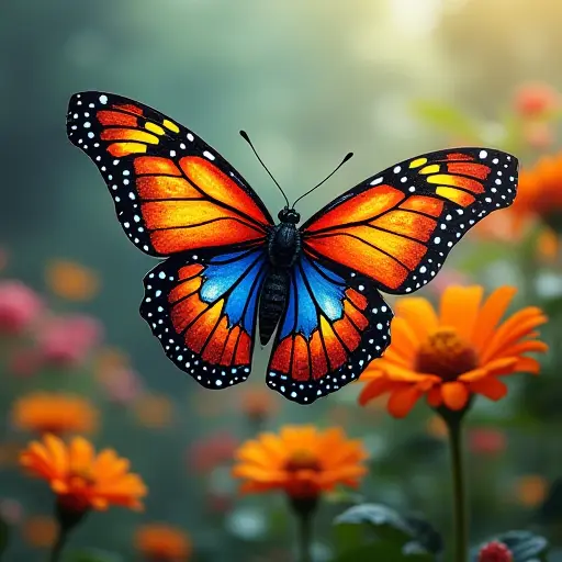 A butterfly with intricately painted wings resembling a stained glass window, flying through a vibrant garden.