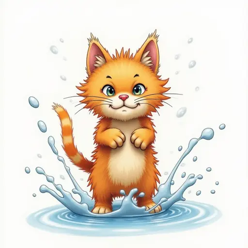 colored pencil drawing of A rasta cat playfully splashing water with its paws, showing a mischievous expression.