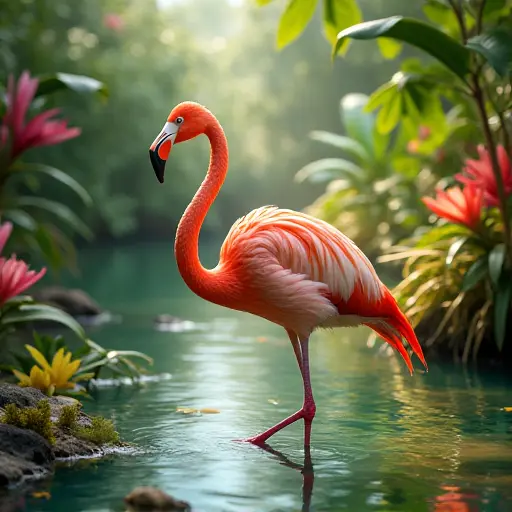 A flamingo standing gracefully in a tropical marsh, surrounded by vibrant greenery and colorful tropical flowers, while the sunlight reflects off the water's surface creating a beautiful scene.