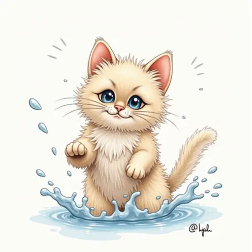 colored pencil drawing of A persian cat playfully splashing water with its paws, showing a mischievous expression.