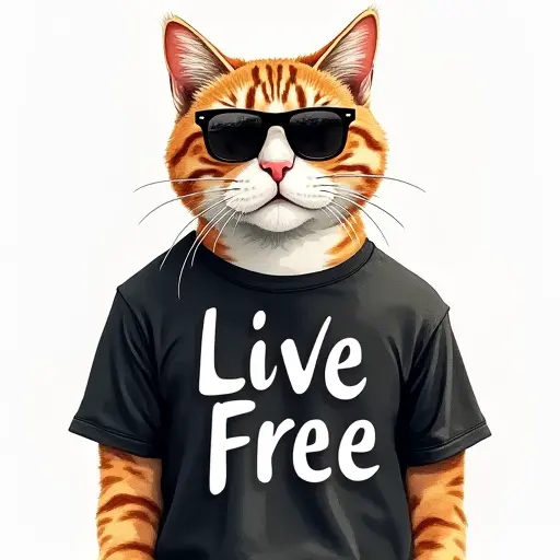 watercolor painting of a cat. Wearing a black tshirt with the text "Live Free" in white font, With black sunglasses