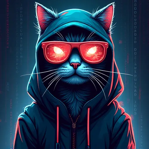 A cat in a hacker style, featuring digital glasses, a hoodie, and flowing lines of code all around, invoking a cyberpunk feel.