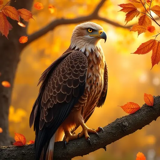 A golden eagle perched on a tree branch, with autumn leaves falling gently around it, its sharp eyes scanning the surroundings as the vibrant colors of the leaves blend with the golden sunlight.