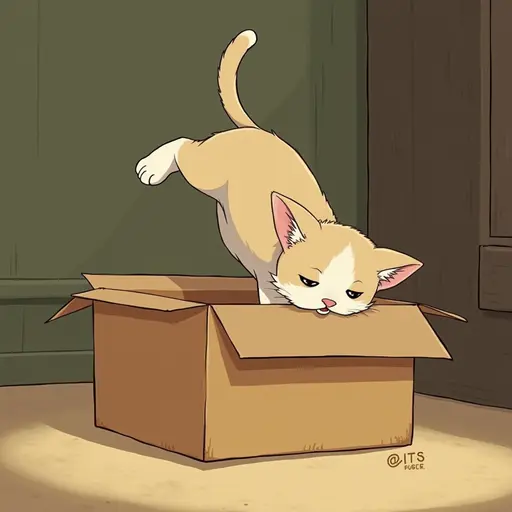 studio ghibli style of The cat dives headfirst into the box, its tail swishing gently as it explores the surroundings.