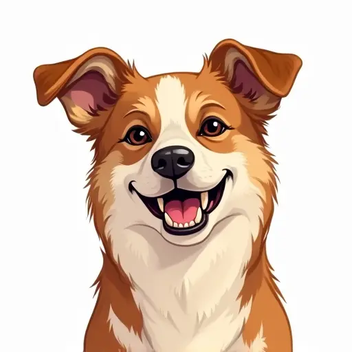 A dog with a wide, goofy smile, drawn in a light, sketchy style with soft brown and beige tones.