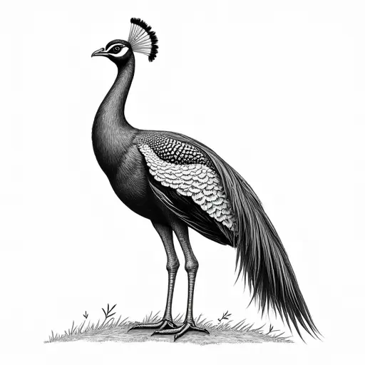 black and white simple line drawing of Indian Peafowl