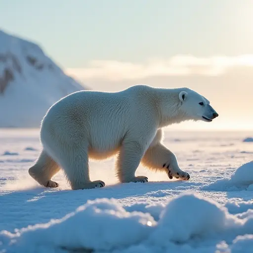 A polar bear walking across an icy landscape, with frost covering its fur and an arctic glow surrounding it.