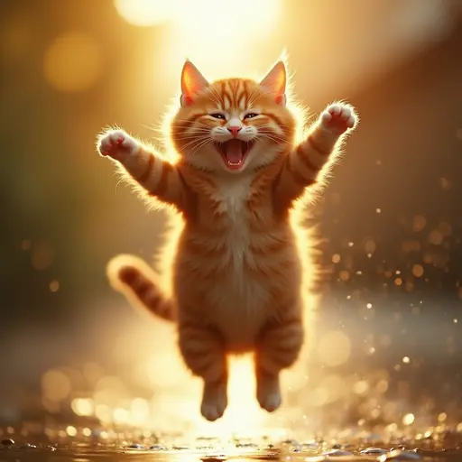 A cat jumping in the sunlight, its wet fur looking particularly joyful.